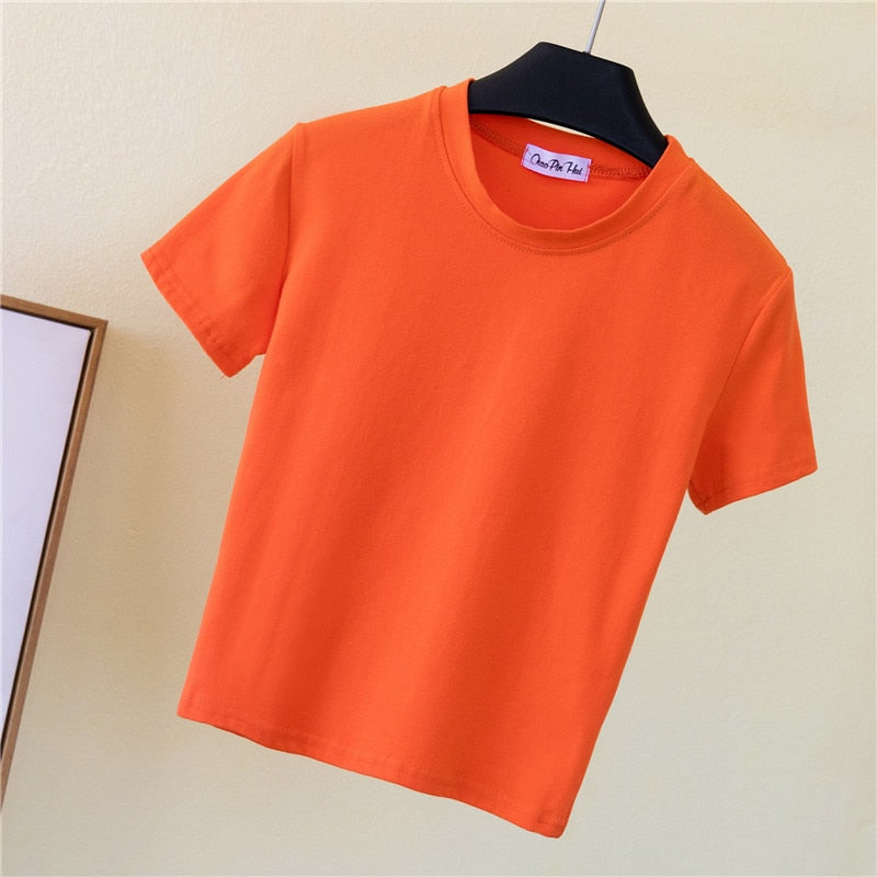 Crop Top Female Solid Cotton O-Neck Short Sleeve T-Shirt