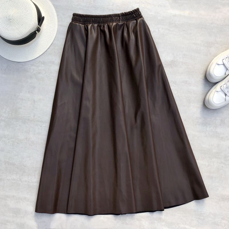 Neophil 80cm Women Leather Elastic Waist A-Line Flare Long Skirt
