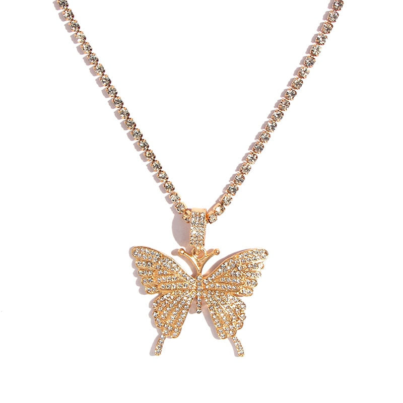Gold Silver Color Butterfly Pendant Necklace Female Shiny Crystal Clavicle Chain Necklace
