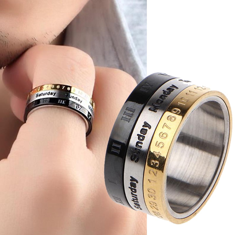Titanium Steel Cool Punk Spinner Creative Rotatable 3 Part Roman Numerals Ring