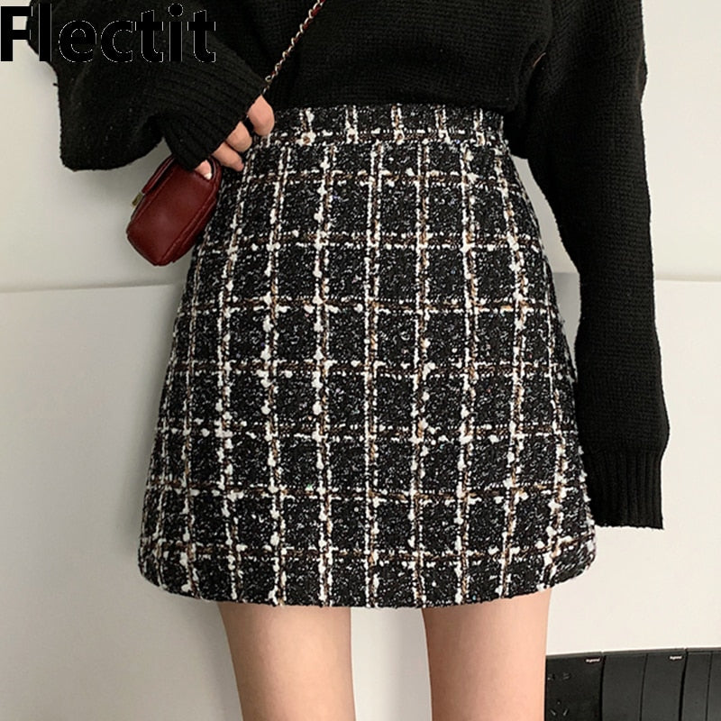 Flectit Fall Winter Plaid Thick Woolen Glitte Skirt