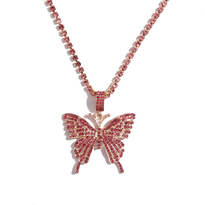 Gold Silver Color Butterfly Pendant Necklace Female Shiny Crystal Clavicle Chain Necklace