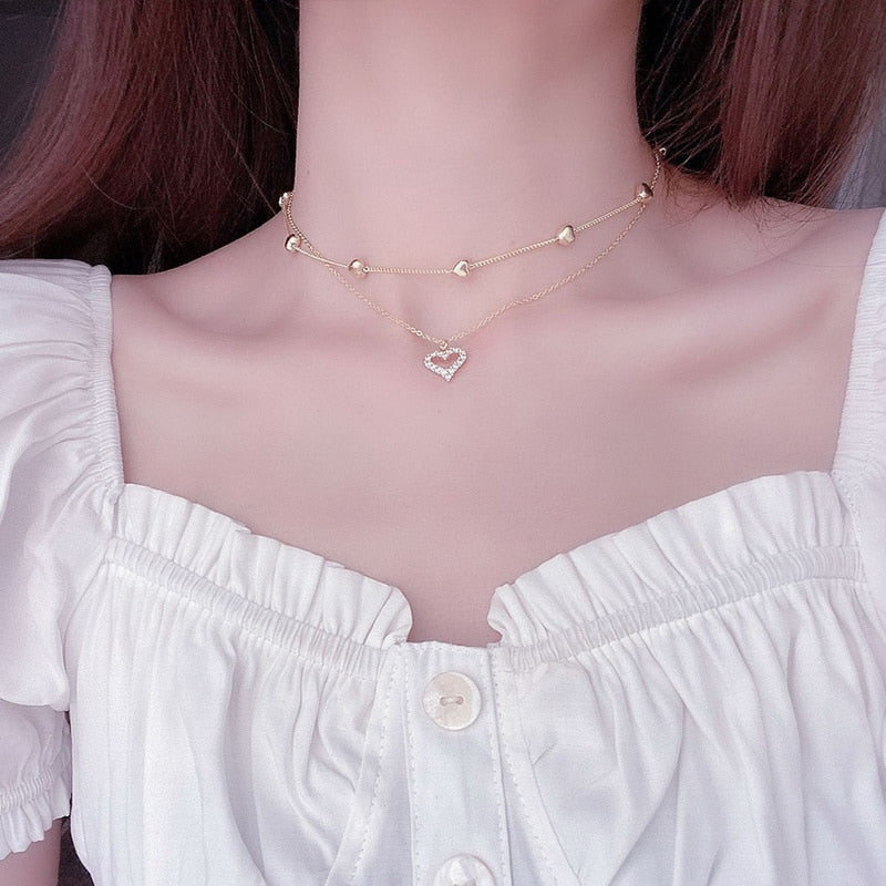 Shiny Bling Zircon Double Layer Heart Clavicle Chain Necklace