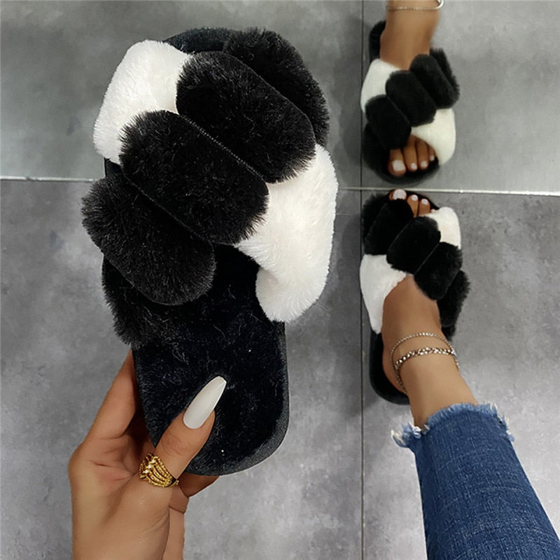 Furry Slippers Soft Plush Cross Faux Fur Shoes