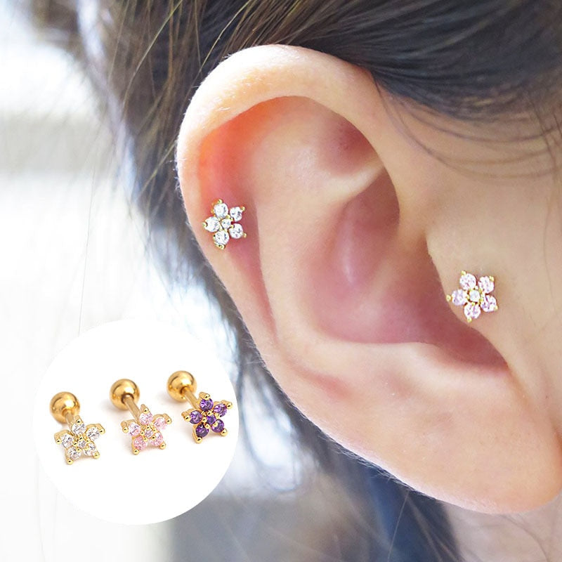 1pc Stainless Steel Fashion Flowers Zirconia Cartilage Cz Earring for Women Crown Helix Ear Studs Piercing Jewelry