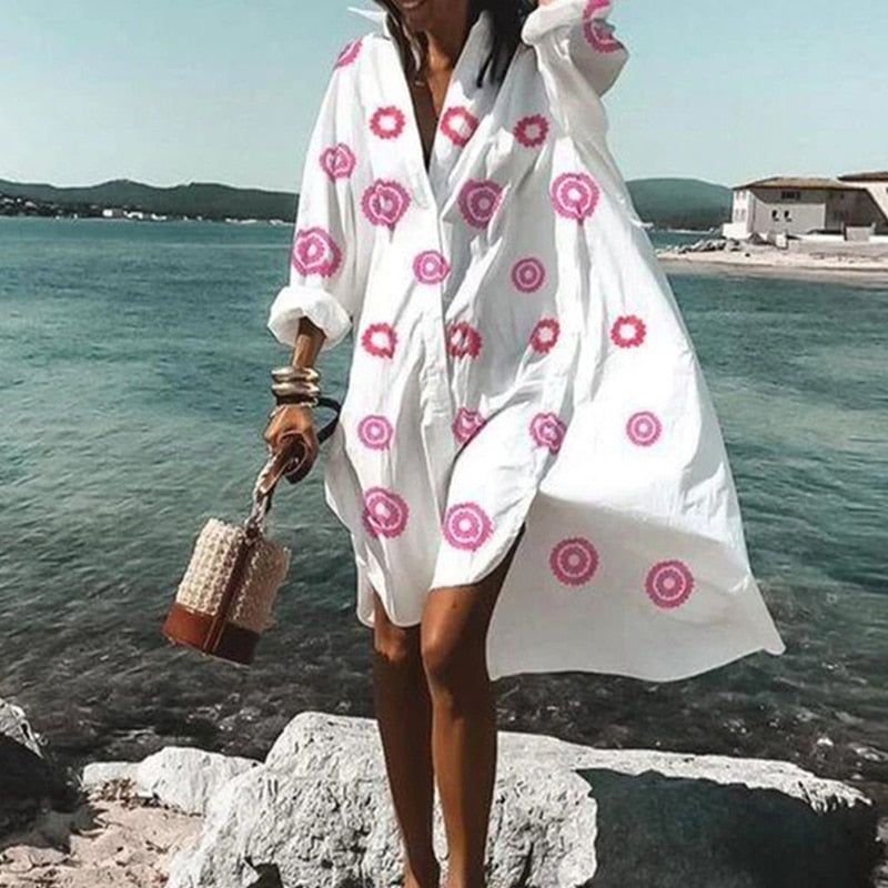 Summer Women Dresses Turn-down Collar Print Casual Long Sleeve Shirt Dress Oversized Loose Beach