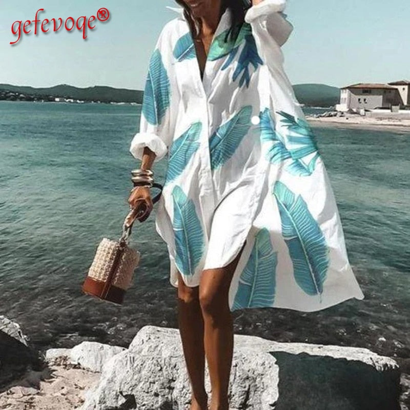 Summer Women Dresses Turn-down Collar Print Casual Long Sleeve Shirt Dress Oversized Loose Beach