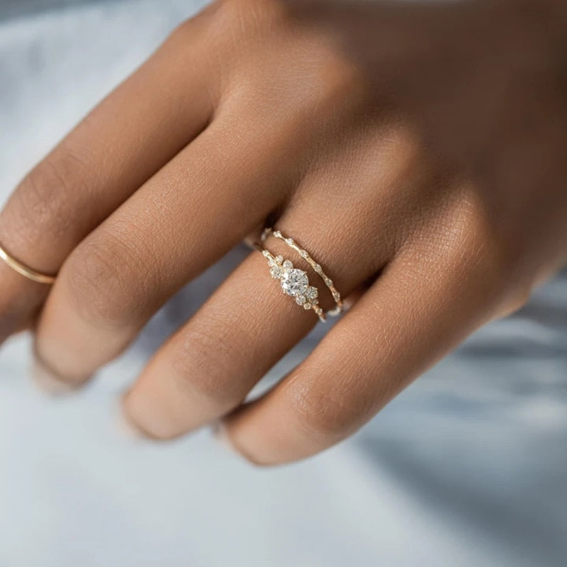 Aide 925 Sterling Silver Gold Single Round Zircon Crystal Ring