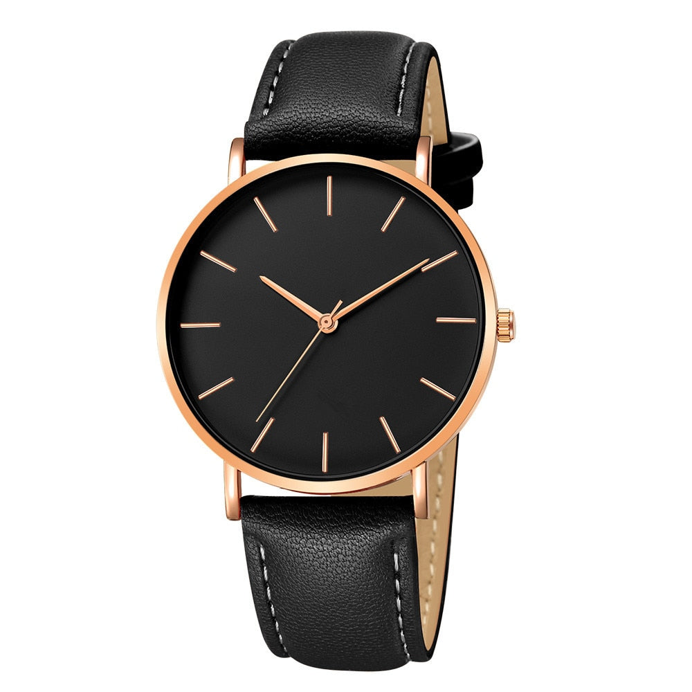 New Fashion Simple Leather Gold Silver Dial Men Quartz Watch