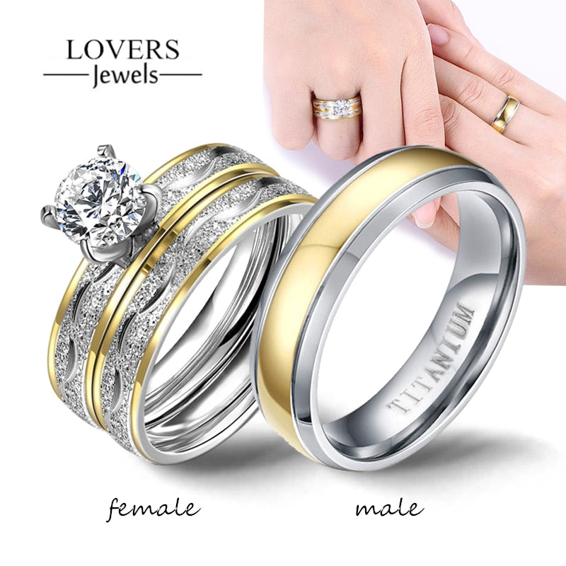 Exquisite Rhinestones Zirconia Couple Ring Set Simple Stainless Steel