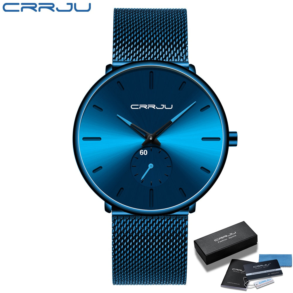CRRJU Fashion Luxury Slim Mesh Steel Waterproof Mens Watch