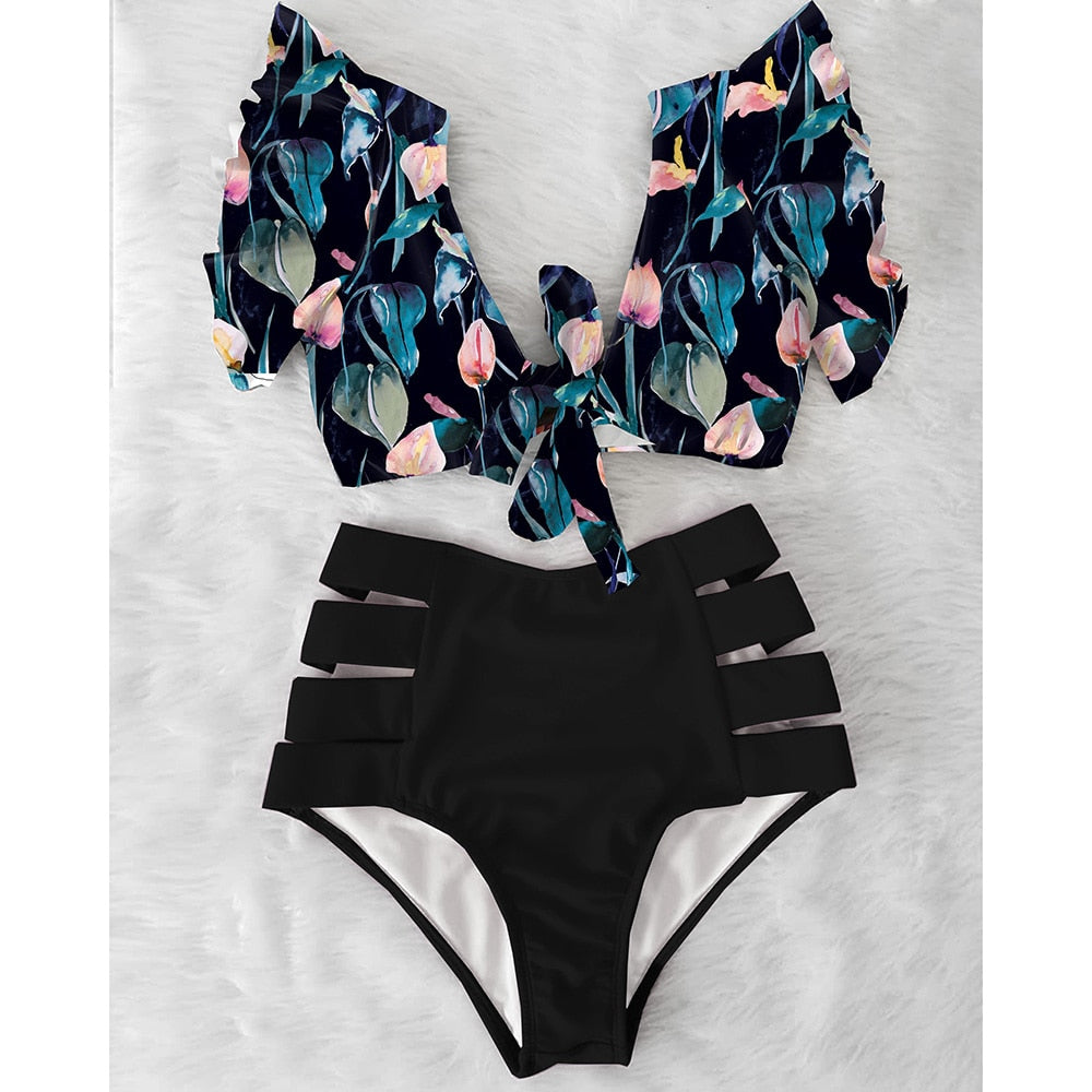 Floral Beachwear V-Neck High Waist Ruffled Sexy Bikini Set