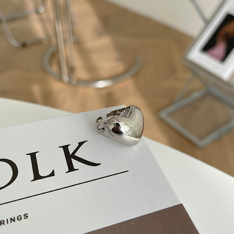 FOXANRY Silver Color Elegant Simple Smooth LOVE Heart Party Ring