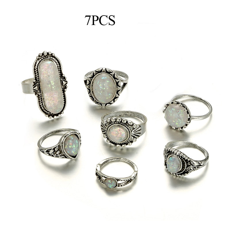 Tocona Vintage Antique Silver Color Rings Sets Colorful Opal Crystal Stone Carve