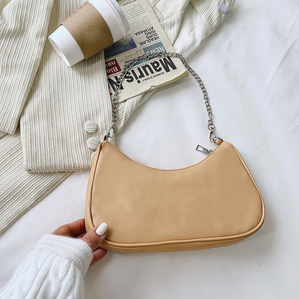 Women's Bag PU Leather 2021 New Solid Color Armpit Underarm Shoulder Bags for Women Casual Ladies Chain Shopper Handbags Purse
