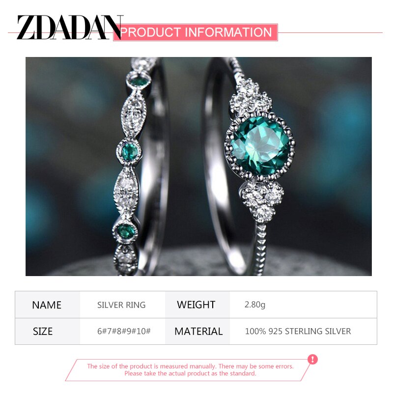 ZDADAN 925 Sterling Silver Emerald Zircon Charm Blue Gemstone Ring