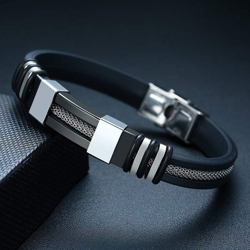 Black Grooved Rudder Silicone Mesh Link Stainless Steel Bracelet
