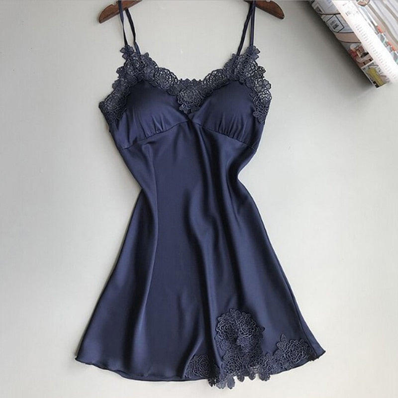 Women Nightgowns Satin Lace Sexy Lingerie Summer V-neck Sleeveless Night Dress Sleepwear Dress Chest Pad Nightgown