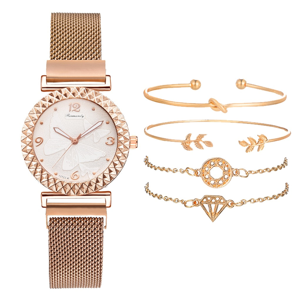 5PCS Women Set Luxury Rose Gold Dress Quartz Watch Bracelet