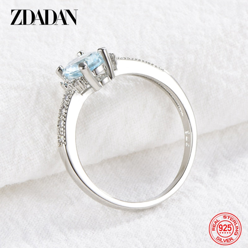 ZDADAN 925 Sterling Silver Charm Aquamarine Ring