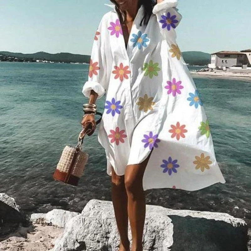 Summer Women Dresses Turn-down Collar Print Casual Long Sleeve Shirt Dress Oversized Loose Beach