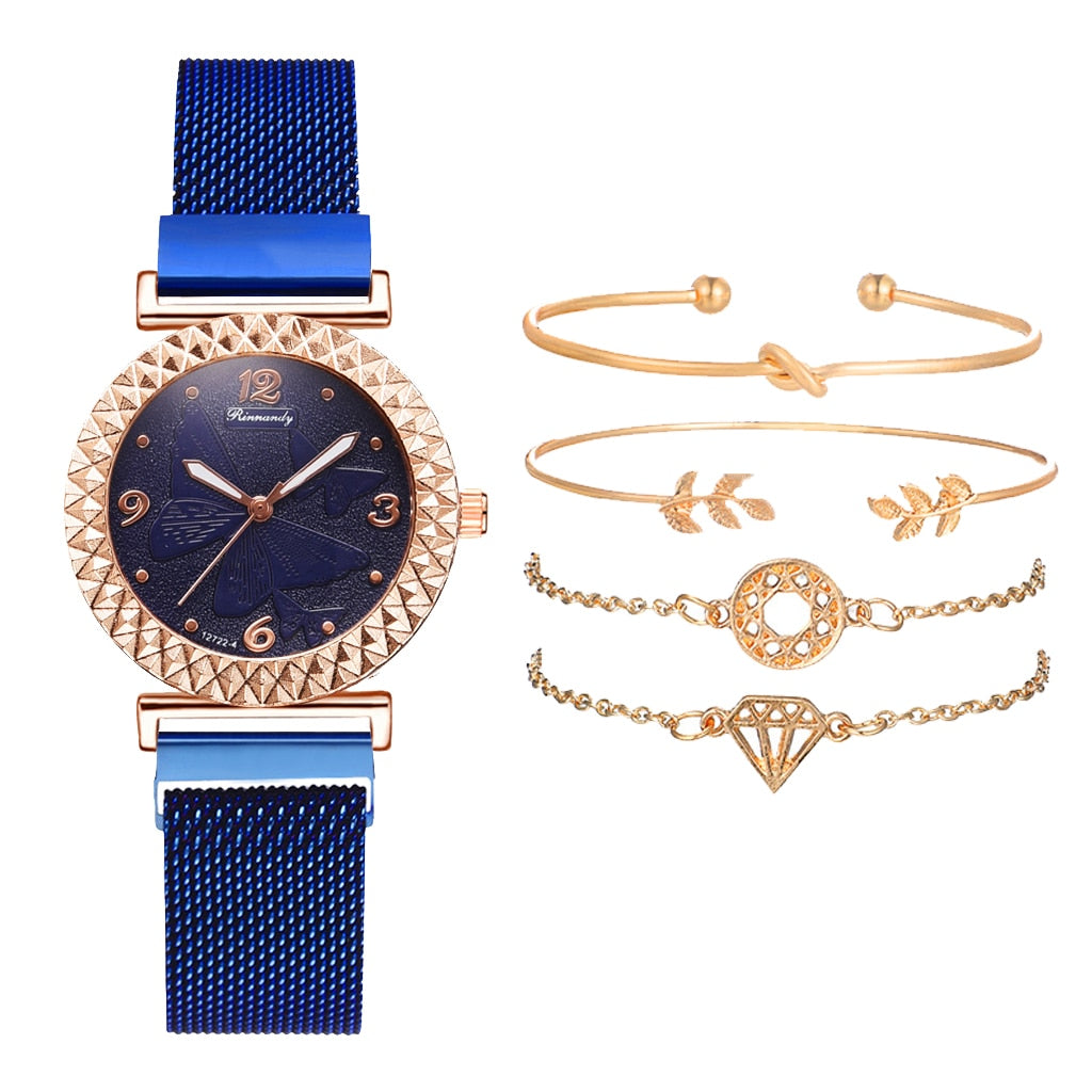 5PCS Women Set Luxury Rose Gold Dress Quartz Watch Bracelet
