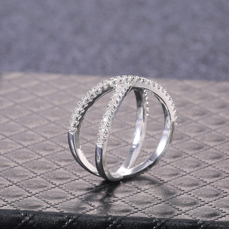 Huitan Luxury Cross X Shape Full Paved CZ Stone Silver Ring