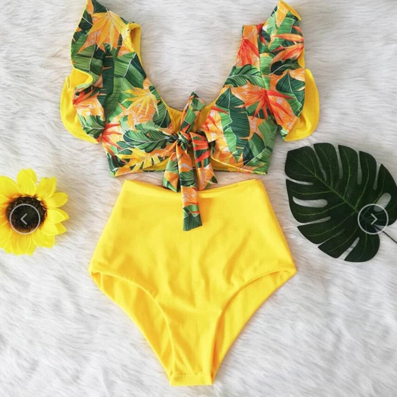 Floral Beachwear V-Neck High Waist Ruffled Sexy Bikini Set