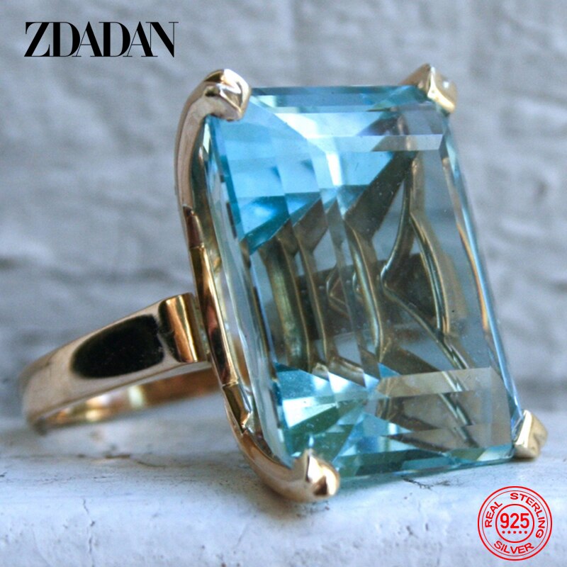 ZDADAN 925 Sterling Silver Aquamarine Gemstone Ring
