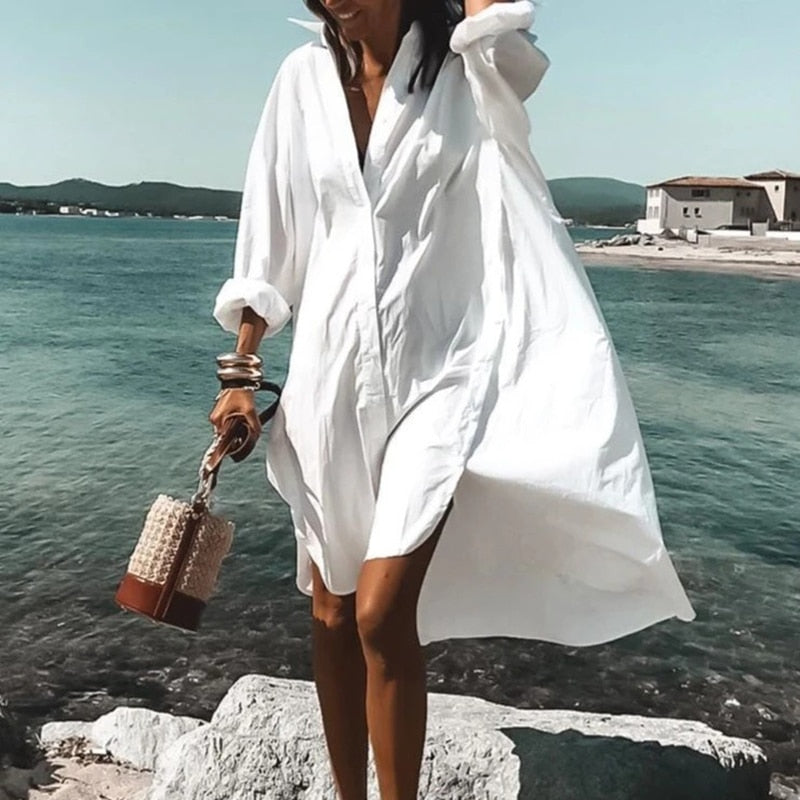 Summer Women Dresses Turn-down Collar Print Casual Long Sleeve Shirt Dress Oversized Loose Beach