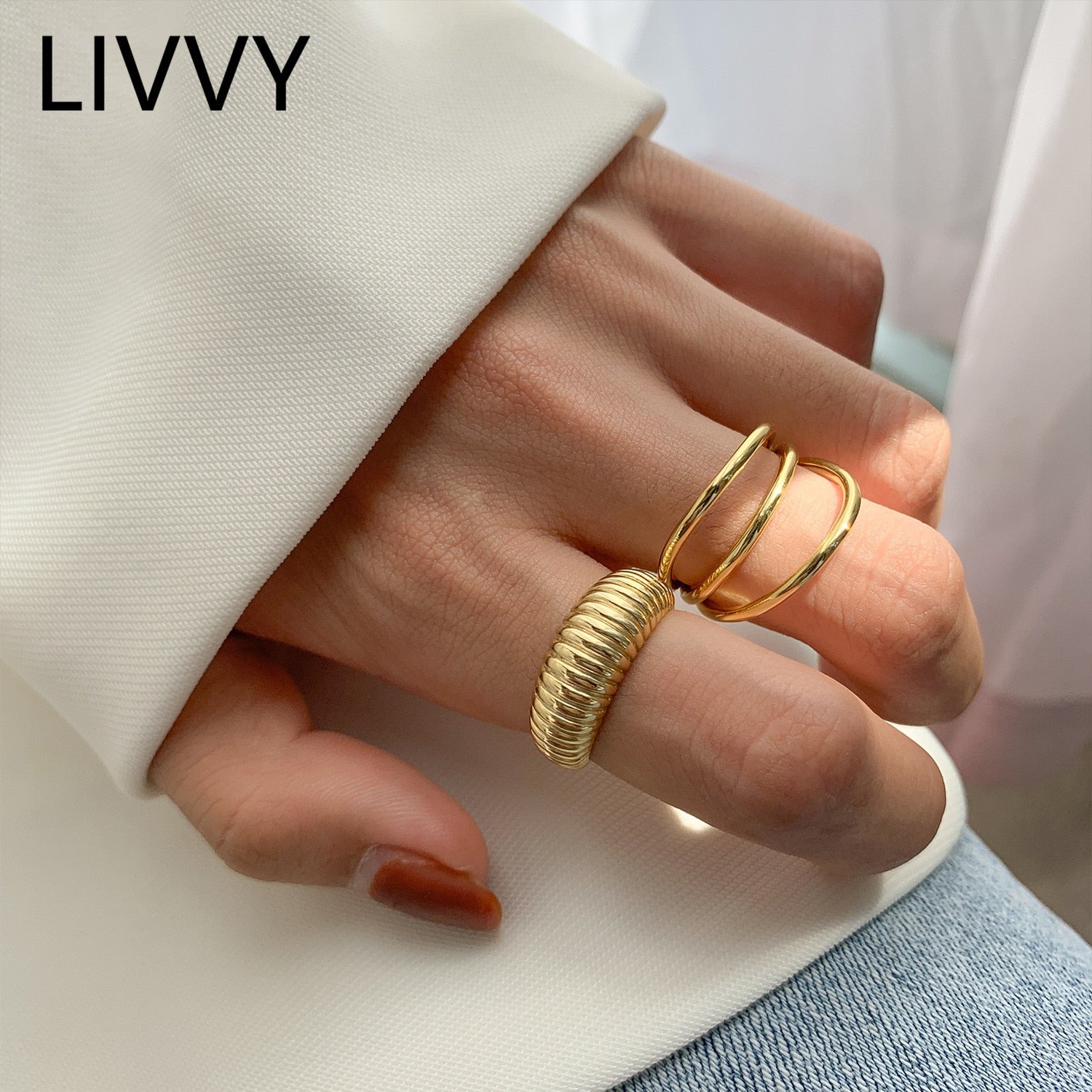 LIVVY Gold Color three layers Rings For Women Vintage Strips