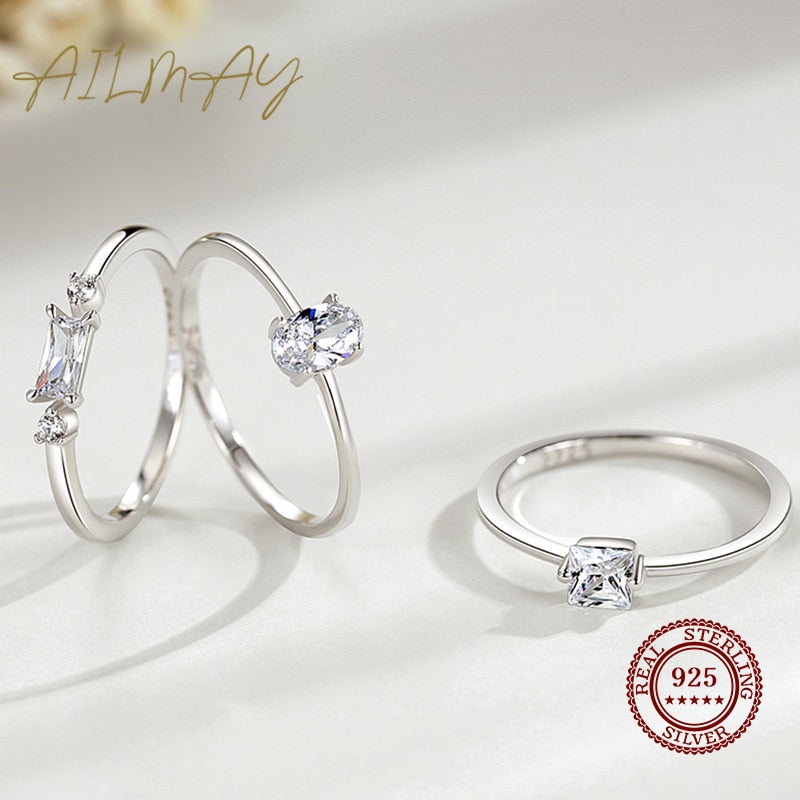 Ailmay Real 925 Sterling Silver Simple Oval Zirconia Ring