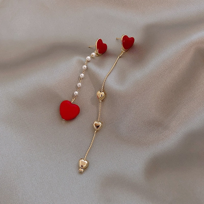 Asymmetric Heart Stud Hollow ECG Tassel Zircon Pearl Earrings