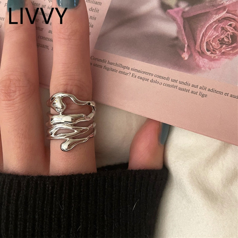 LIVVY Silver Color Irregular Hollow Wide Ring