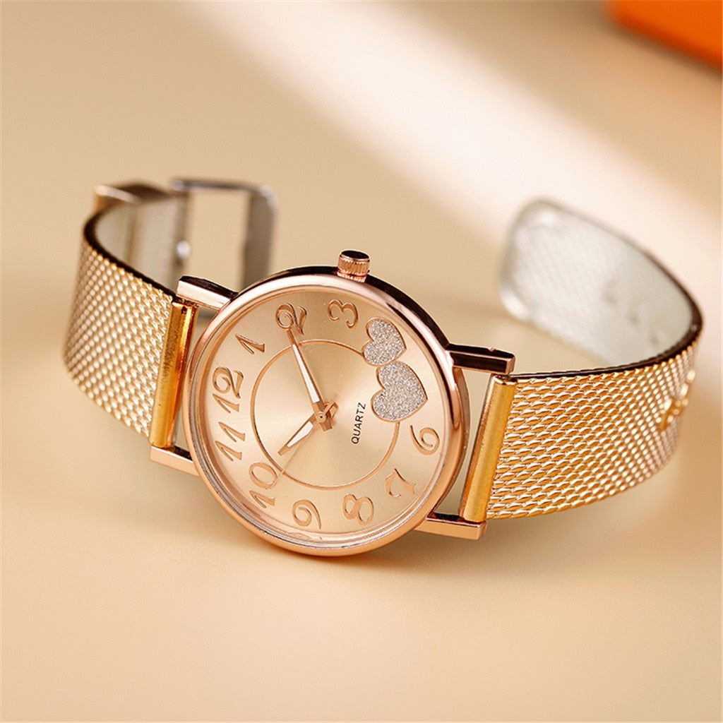 Fashion Women Silver Heart Dial Silicone Mesh Belt Wristwatch