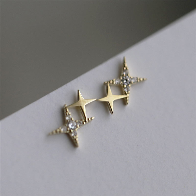 925 Sterling Silver Crystal Four-Pointed Star Earrings