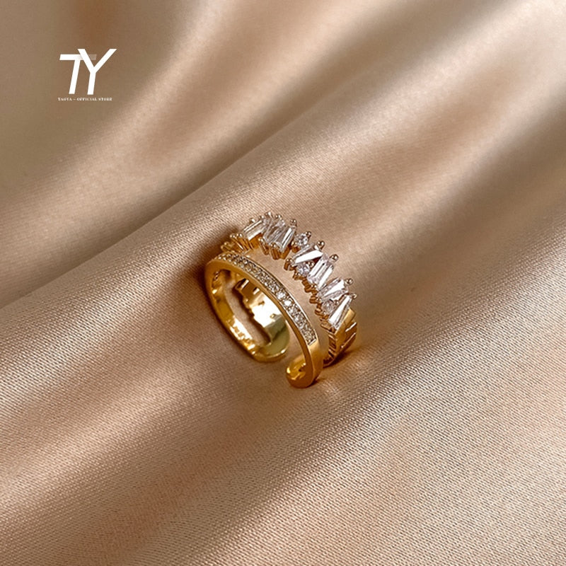 Luxury Zircon Gold Color Double Student Open Rings