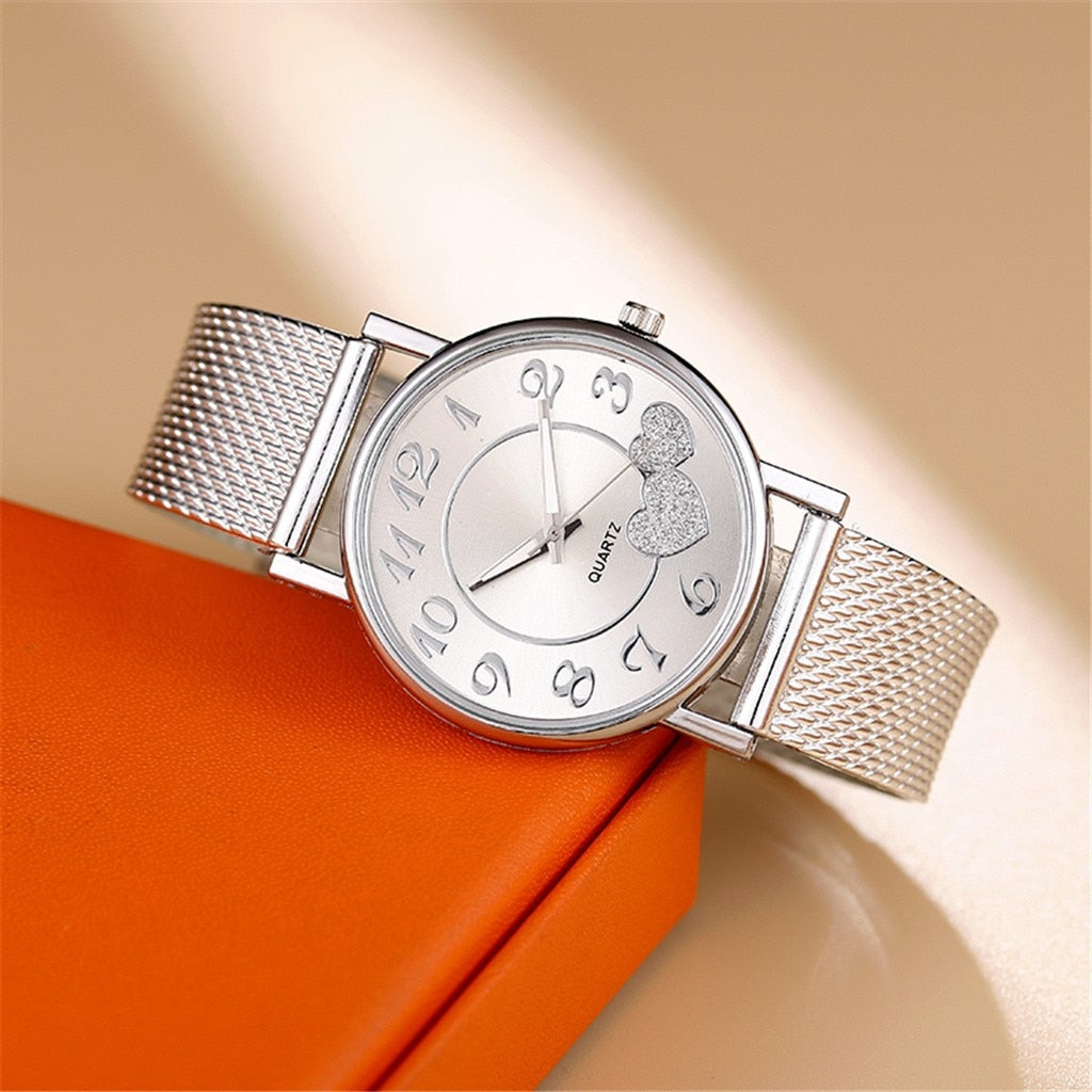 Fashion Women Silver Heart Dial Silicone Mesh Belt Wristwatch