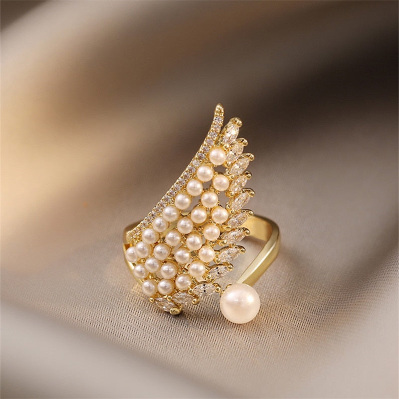 Luxury pearl zircon opening adjustable ring
