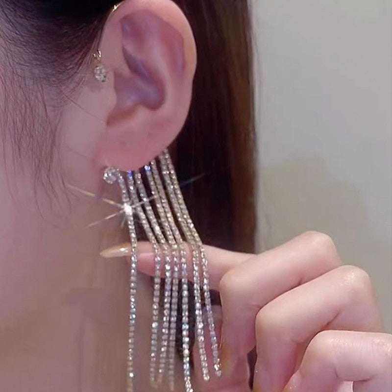 Luxury Shiny Crystal Rhinestone Long Tassel Ear Cuff Earing