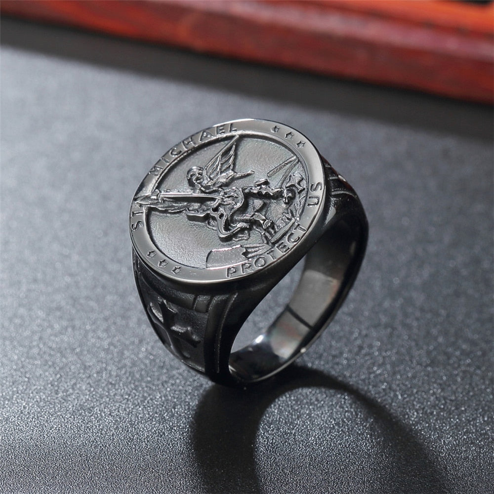 Vintage Catholic Angel Michael Stainless Steel Ring
