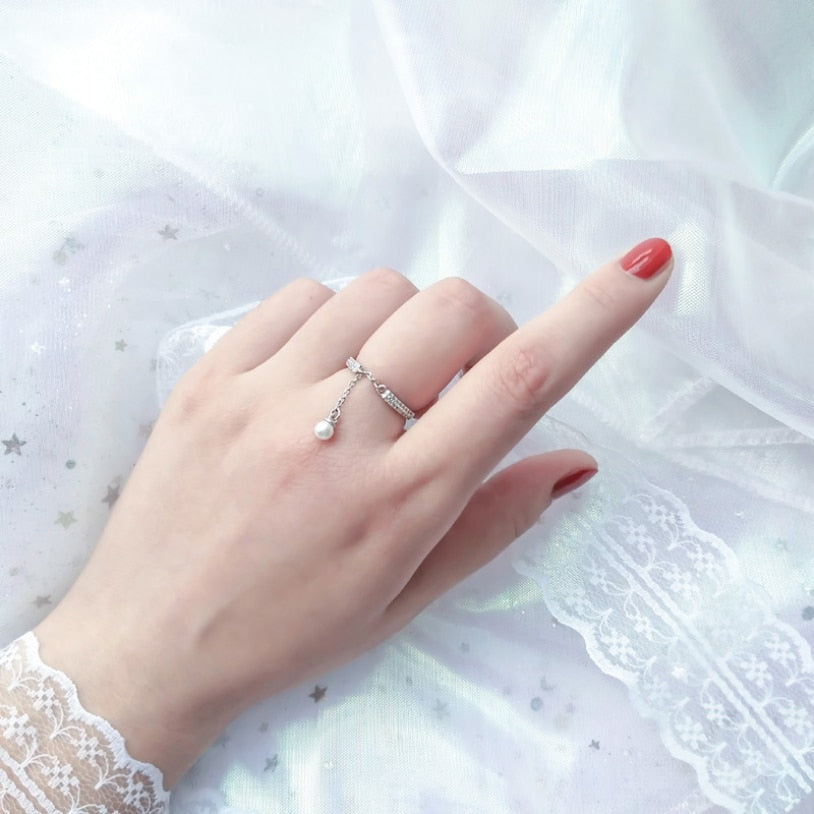 Simulated Pearl Chain Tassel Adjustable Ring