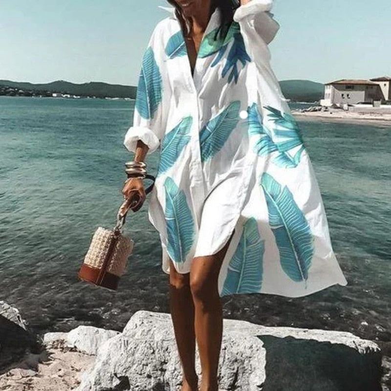 Summer Women Dresses Turn-down Collar Print Casual Long Sleeve Shirt Dress Oversized Loose Beach