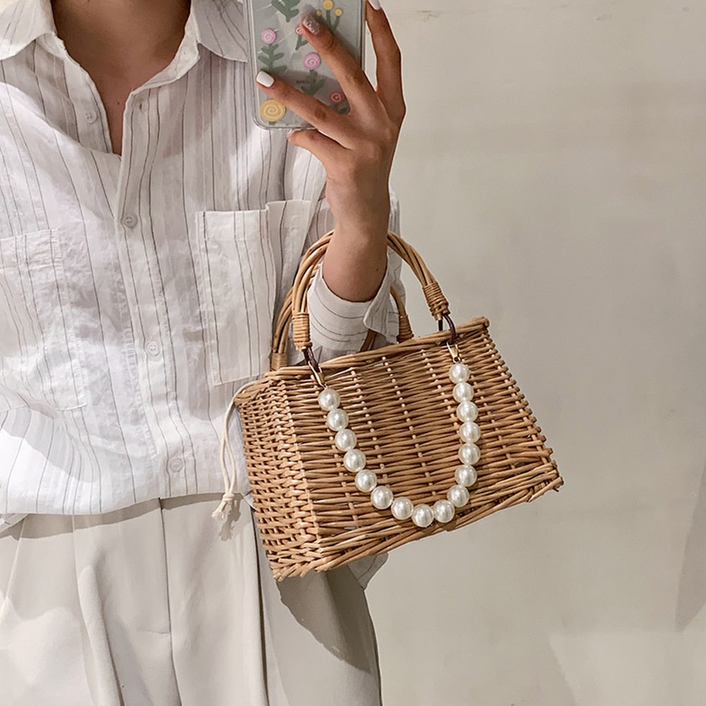 Straw Rattan Handmade Pearl Beads Tote Bag
