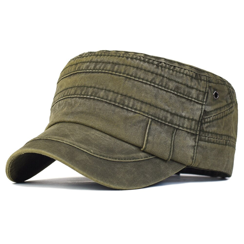 Washed Cotton Military Caps Men Cadet Army Cap Unique Design Vintage Flat Top Hat