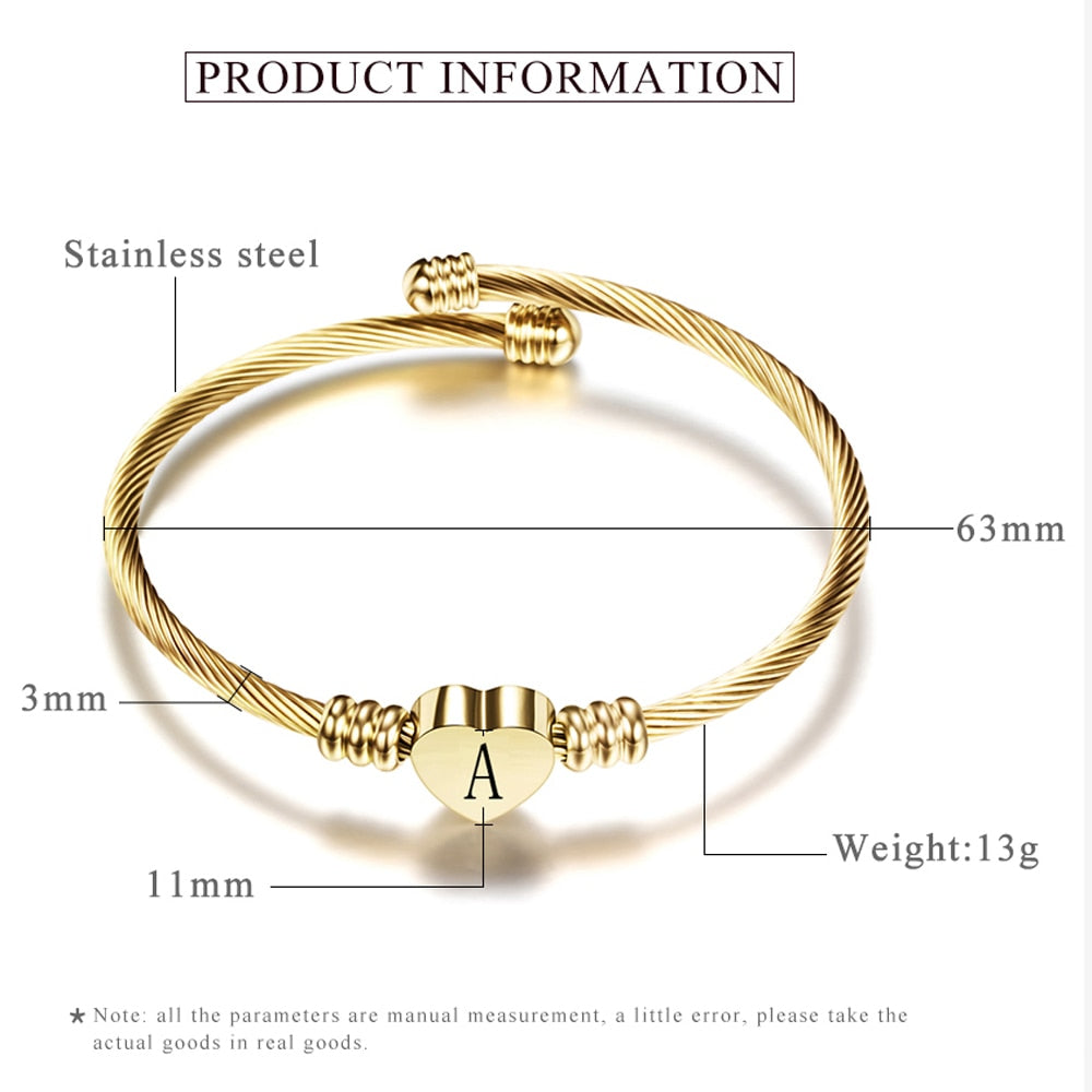 Initial Later Charms Bracelets Fashion Girls Gold Color Stainless Steel Heart Bracelet
