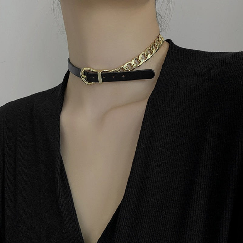 Amorcome Women Punk PU Leather Choker Chain Collar Necklace