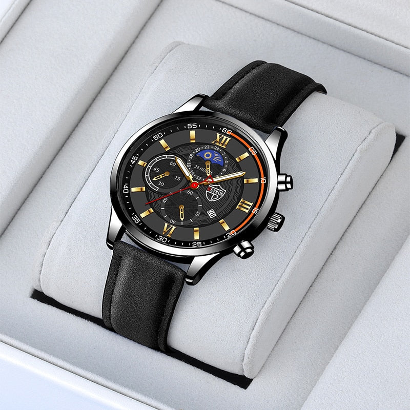 Luxury Black Leather Bracelet Men Casual Luminous Clock Watch