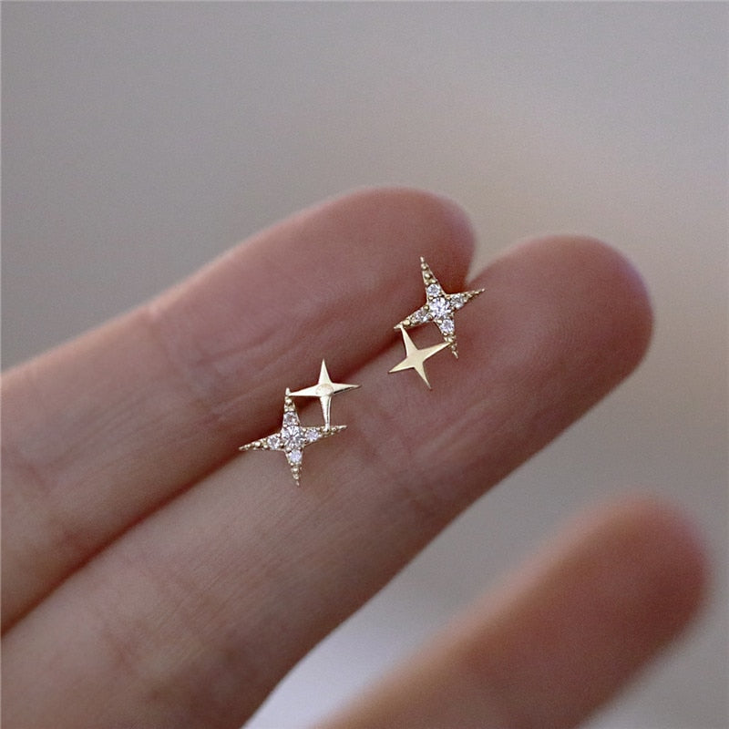 925 Sterling Silver Crystal Four-Pointed Star Earrings