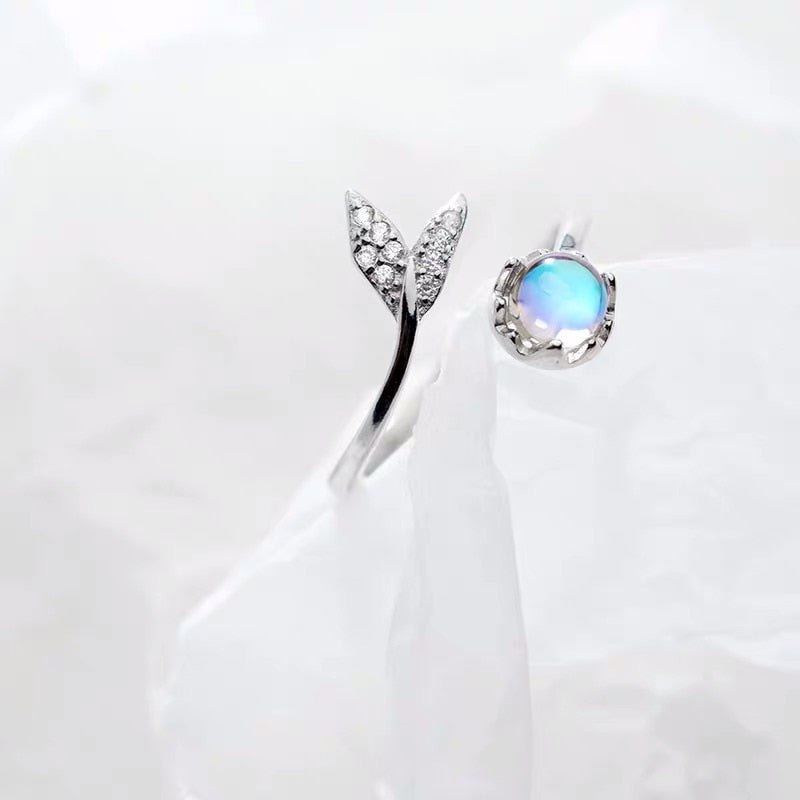 Real 925 Sterling Silver Cute tail moonstone Adjustable Ring